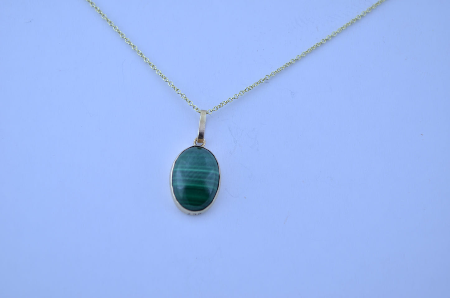malachite pendant, solid 9ct yellow gold necklace, oval green natural gemstone, 18” chain uk hallmark