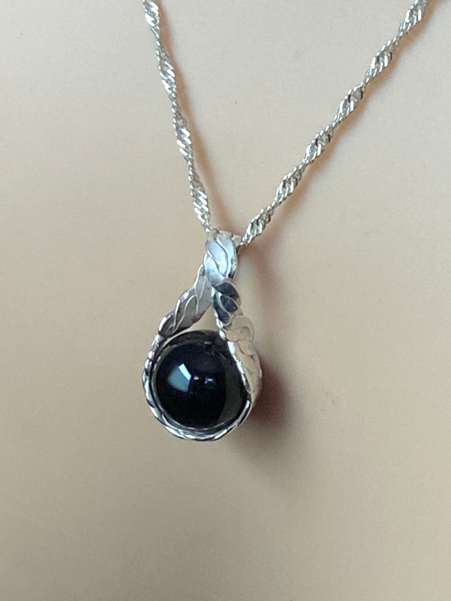 Silver black onyx necklace, 18” silver chain