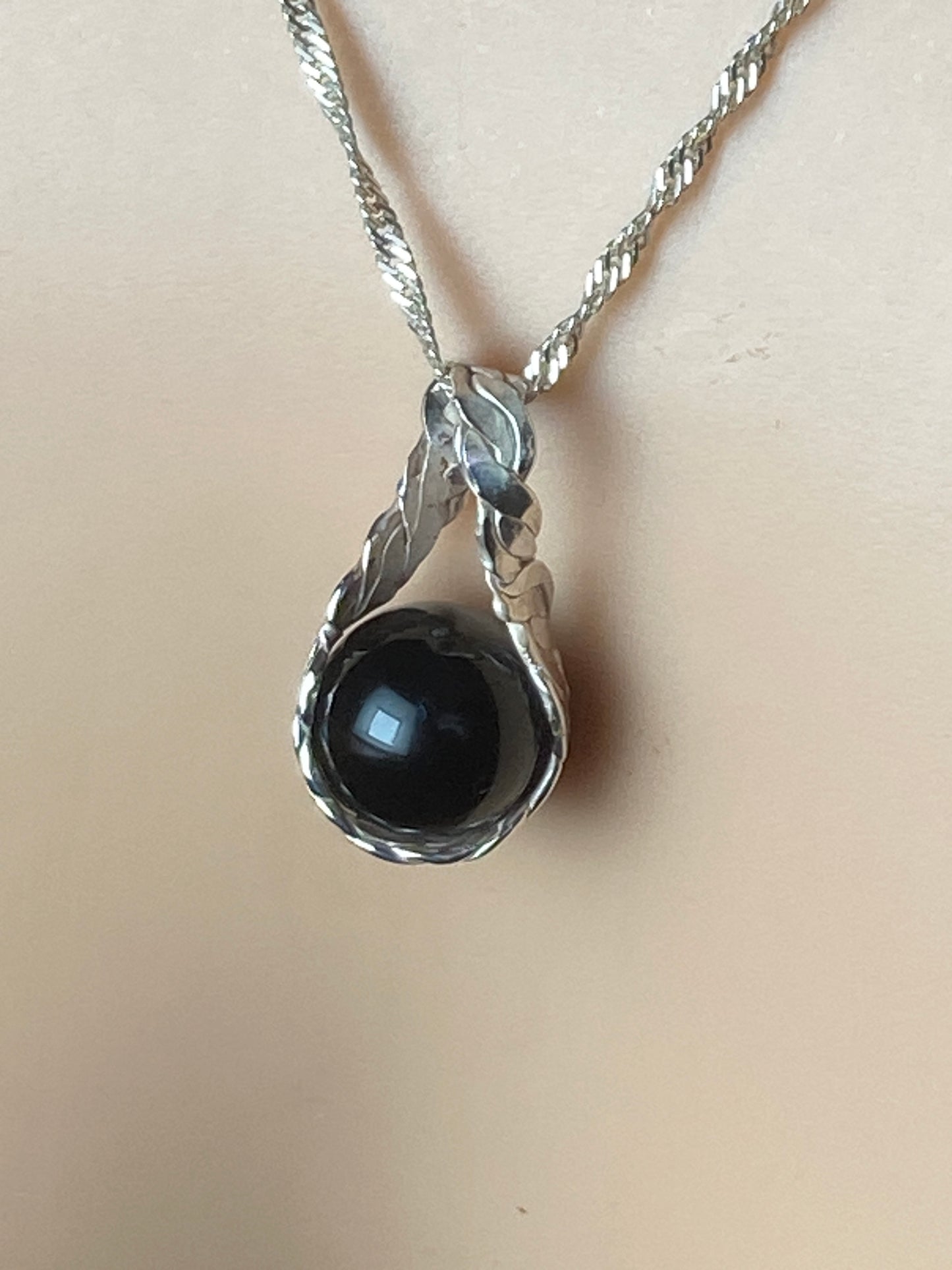 Silver black onyx necklace, 18” silver chain