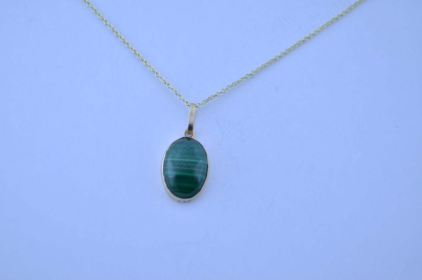 malachite pendant, solid 9ct yellow gold necklace, oval green natural gemstone, 18” chain uk hallmark