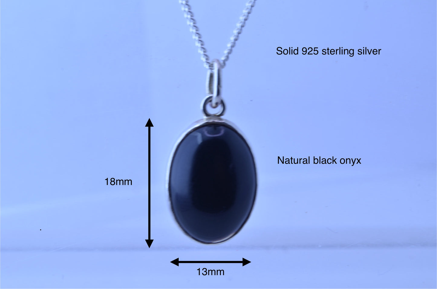 silver black onyx pendant, necklace, oval shape gemstone, 18” chain