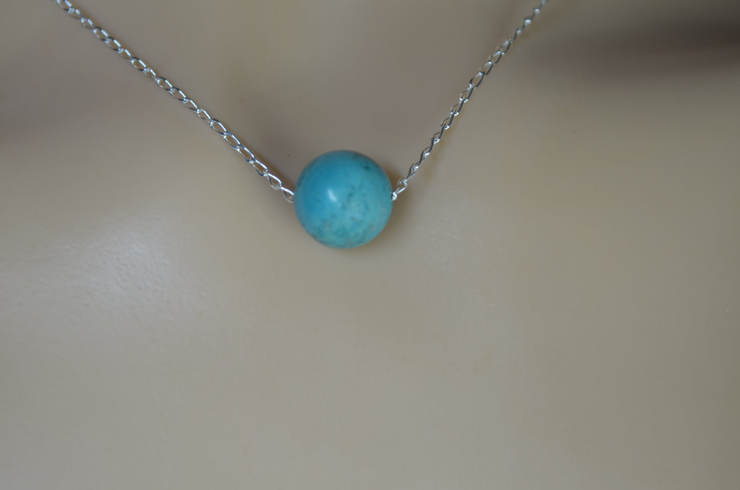 turquoise 10mm bead sterling silver chain, blue bell shape stone