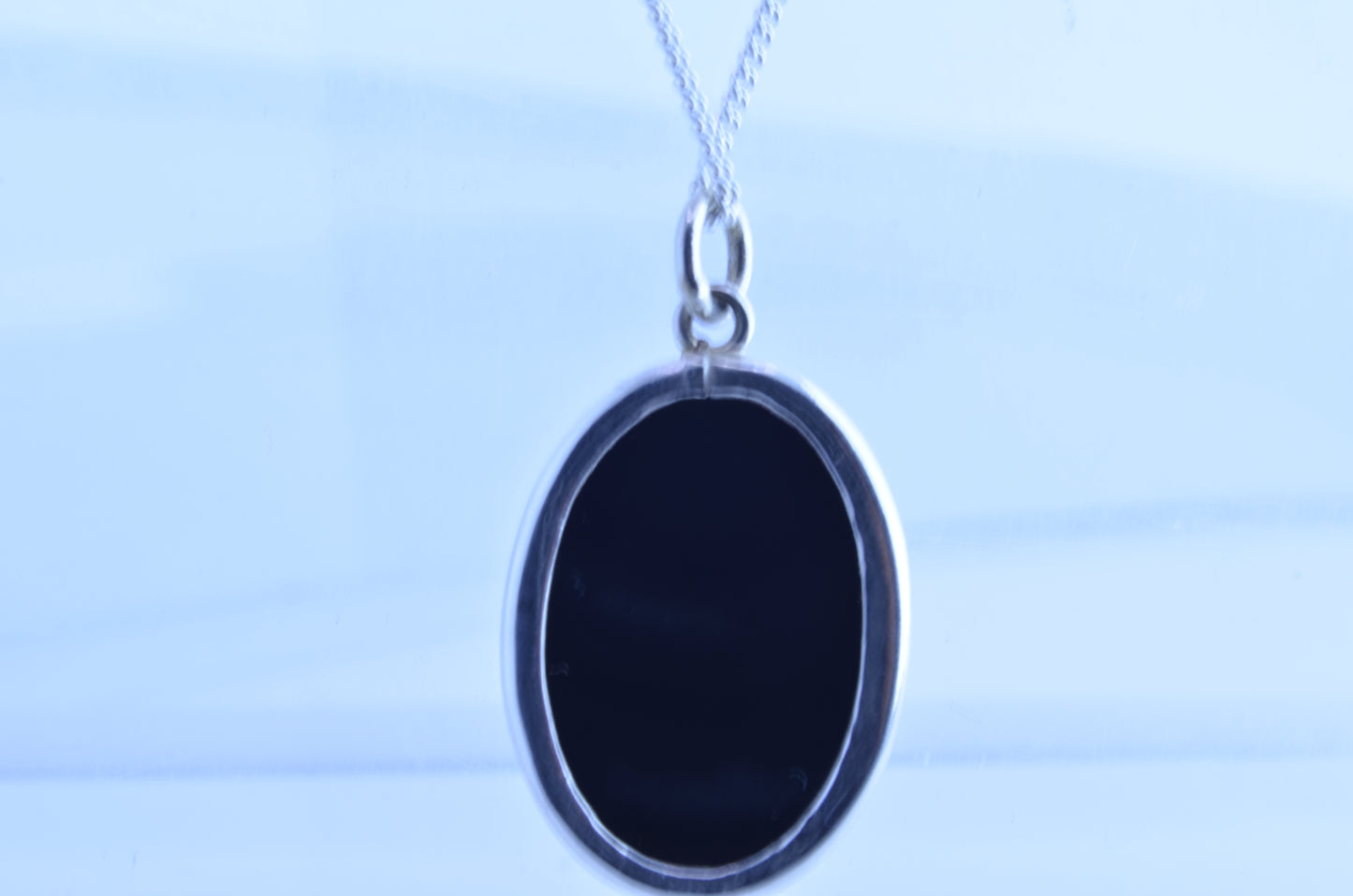 silver black onyx pendant, necklace, oval shape gemstone, 18” chain
