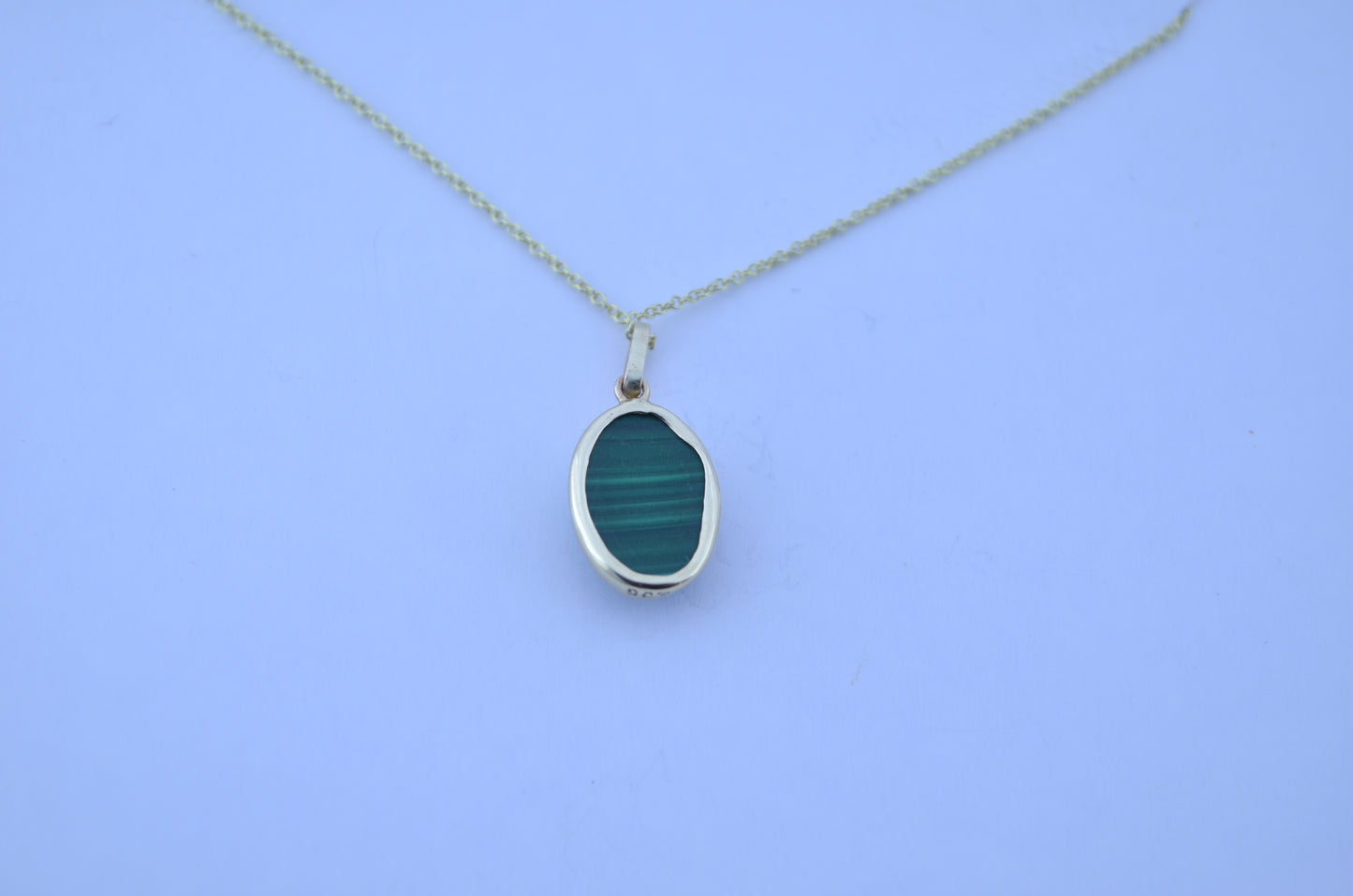 malachite pendant, solid 9ct yellow gold necklace, oval green natural gemstone, 18” chain uk hallmark
