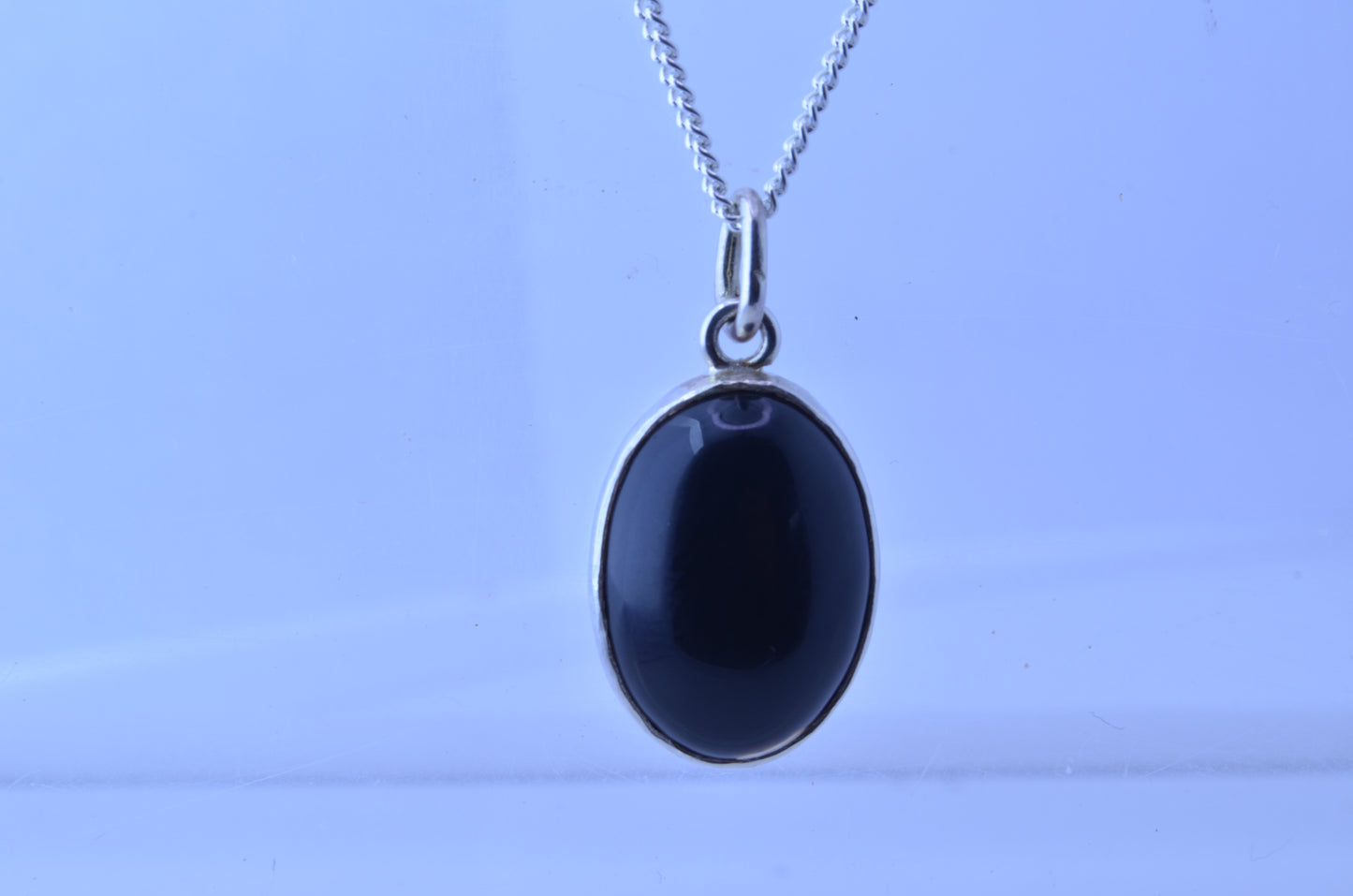 black onyx Silver pendant, necklace, oval shape gemstone, 18” chain