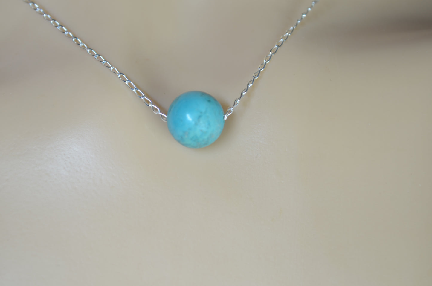 turquoise 10mm bead sterling silver chain, blue bell shape stone