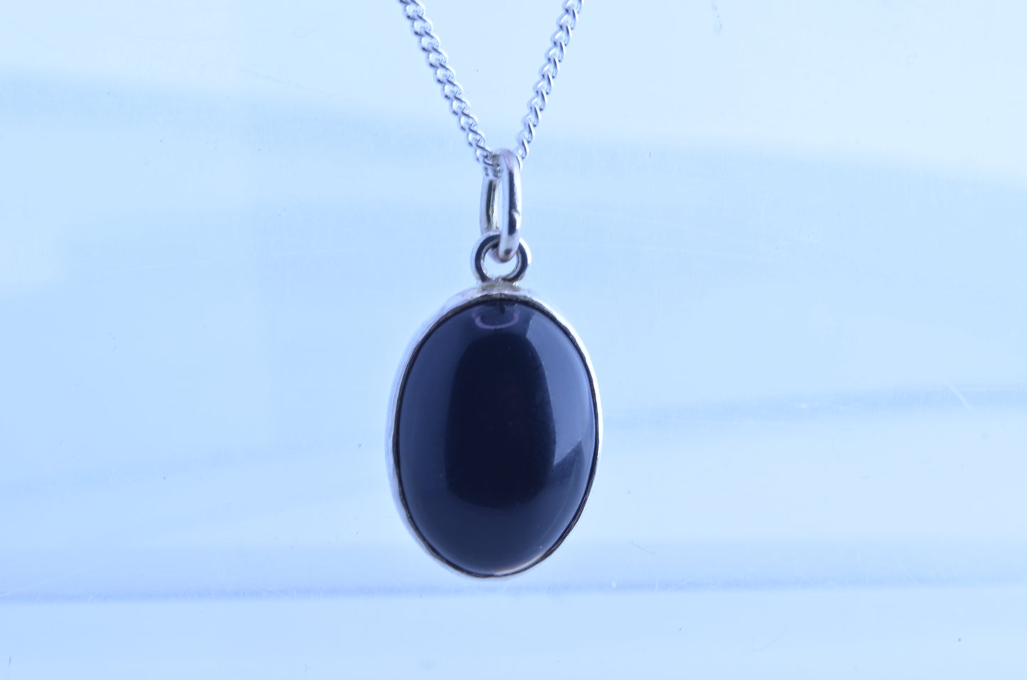 silver black onyx pendant, necklace, oval shape gemstone, 18” chain