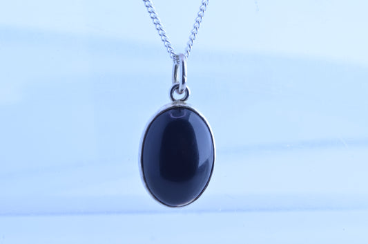 silver black onyx pendant, necklace, oval shape gemstone, 18” chain