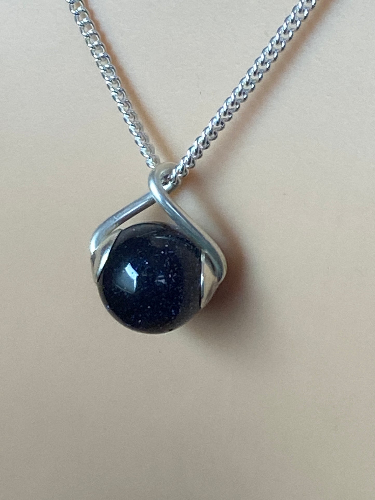 Blue goldstone Silver necklace, 18” silver chain
