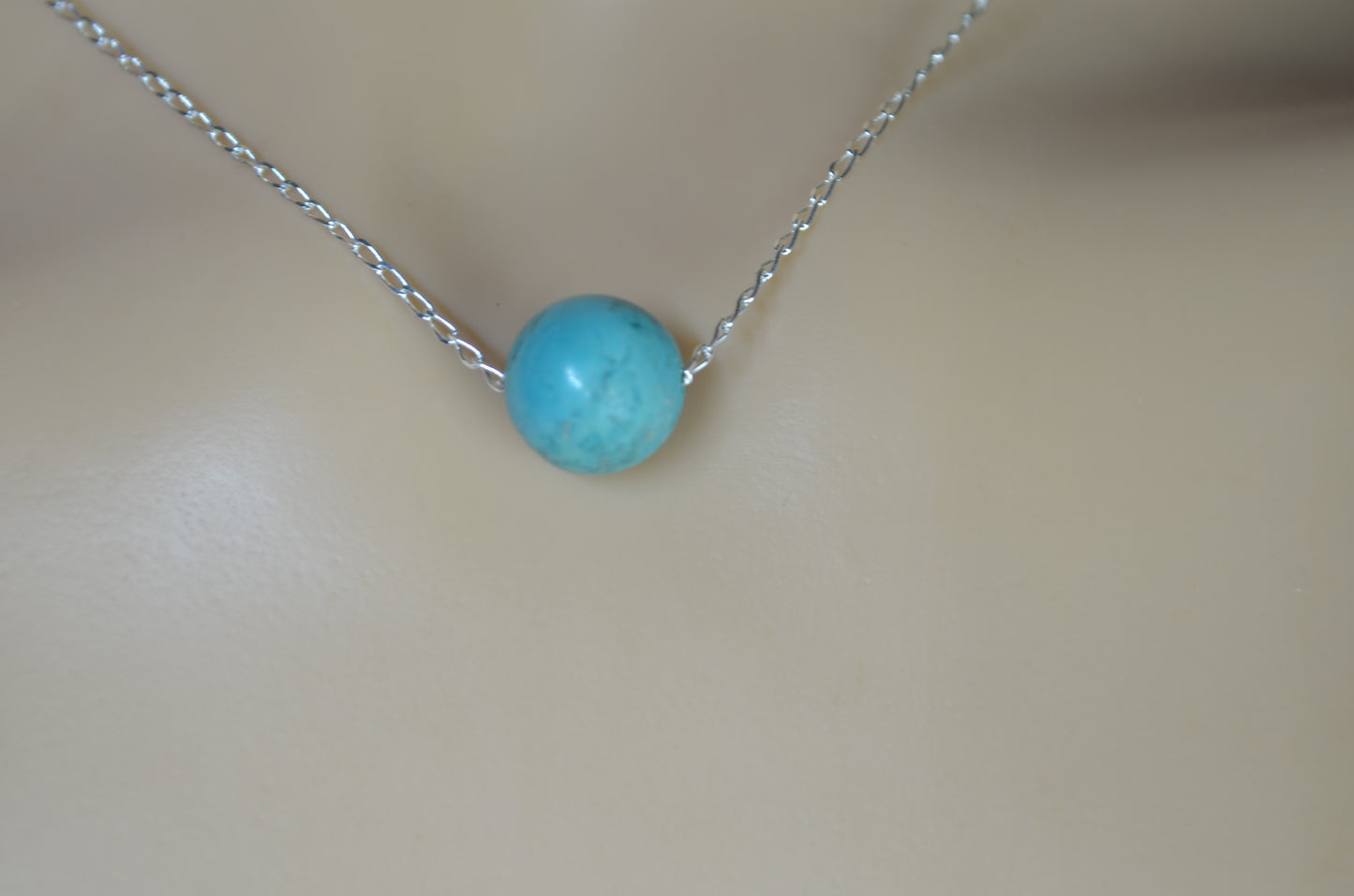turquoise 10mm bead sterling silver chain, blue bell shape stone