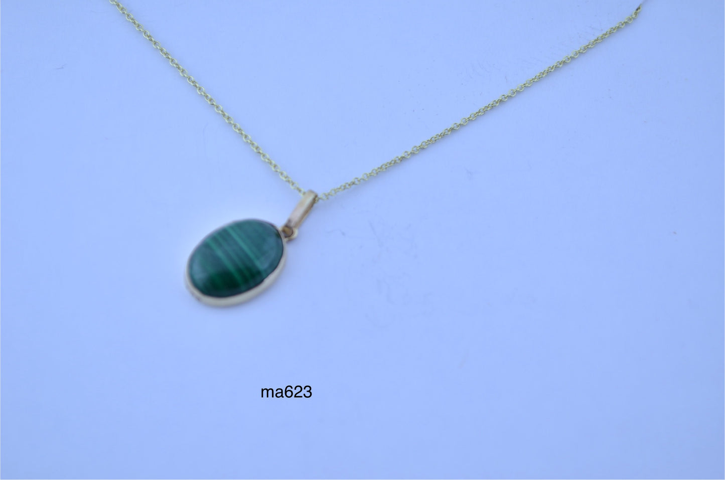 malachite pendant, solid 9ct yellow gold necklace, oval green natural gemstone, 18” chain uk hallmark