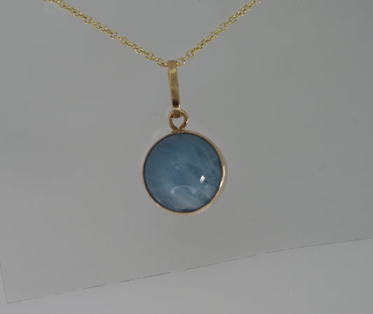 gold aquamarine pendant, blue bell shape light blue gemstone, 18” chain uk hallmark