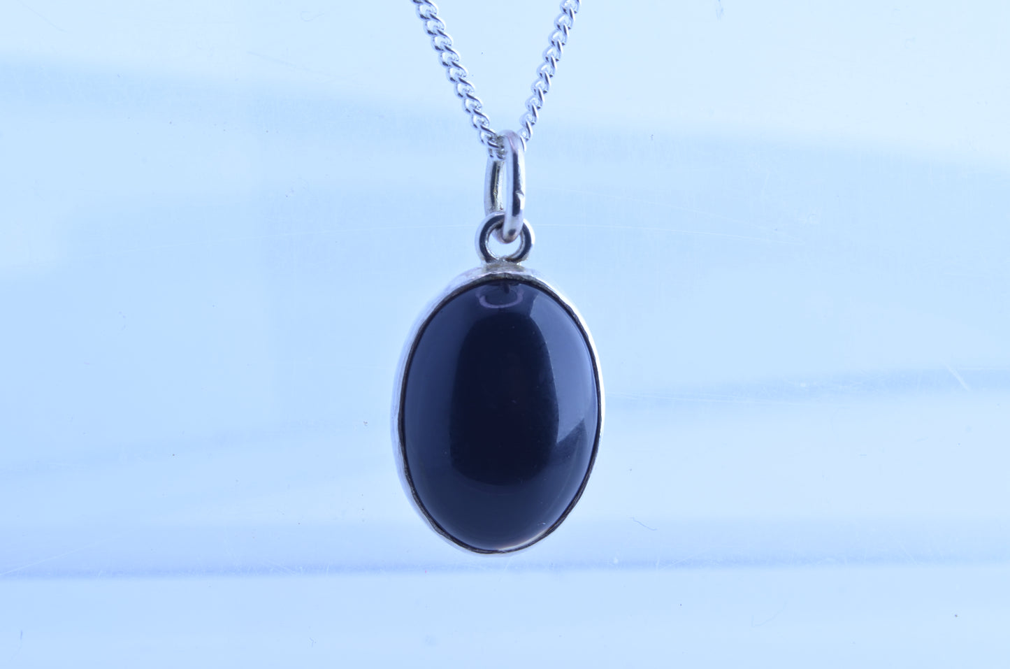 black onyx Silver pendant, necklace, oval shape gemstone, 18” chain