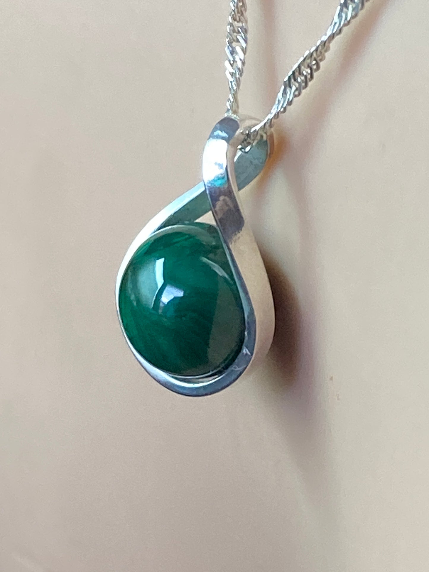 Malachite Silver necklace, 18” silver chain