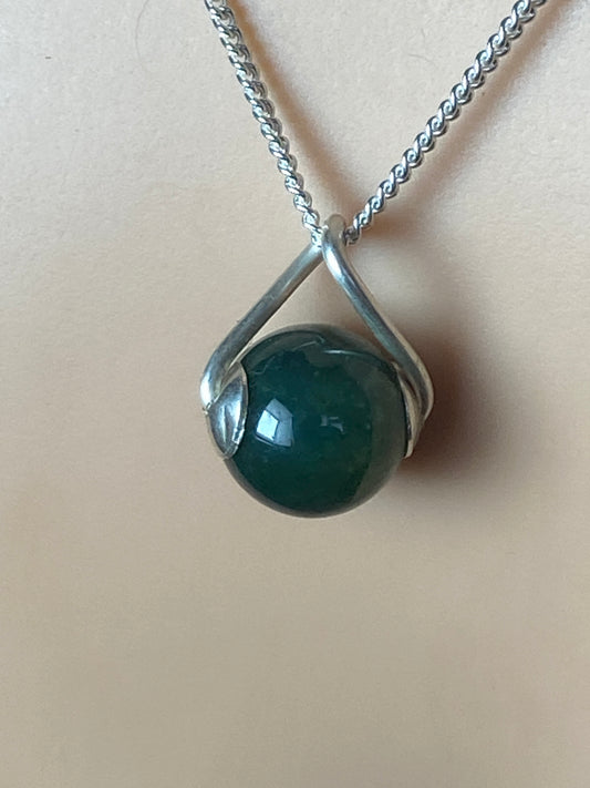 Moss agate Silver necklace, 18” silver chain