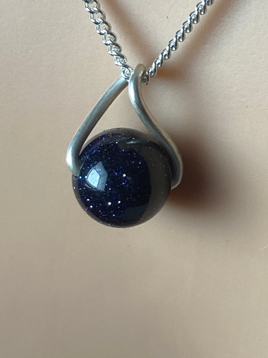 Silver necklace, blue goldstone pendant, 18” sterling silver chain