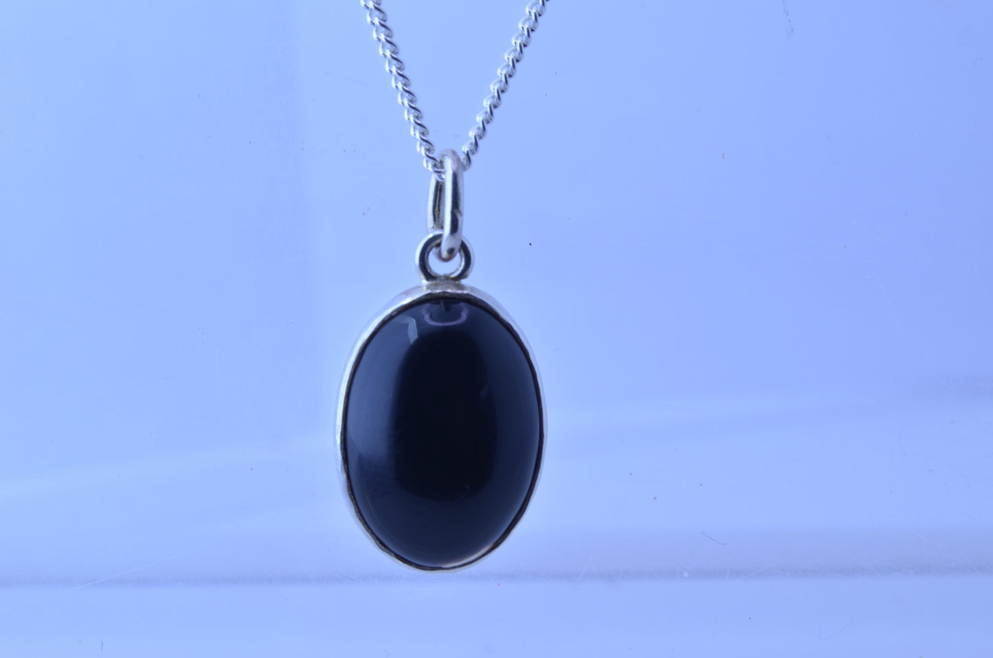 silver black onyx pendant, necklace, oval shape gemstone, 18” chain