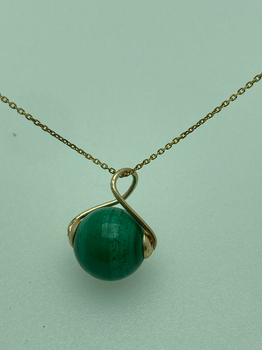 Natural Malachite 9ct gold necklace, solid 9ct yellow gold necklace, 18” gold chain