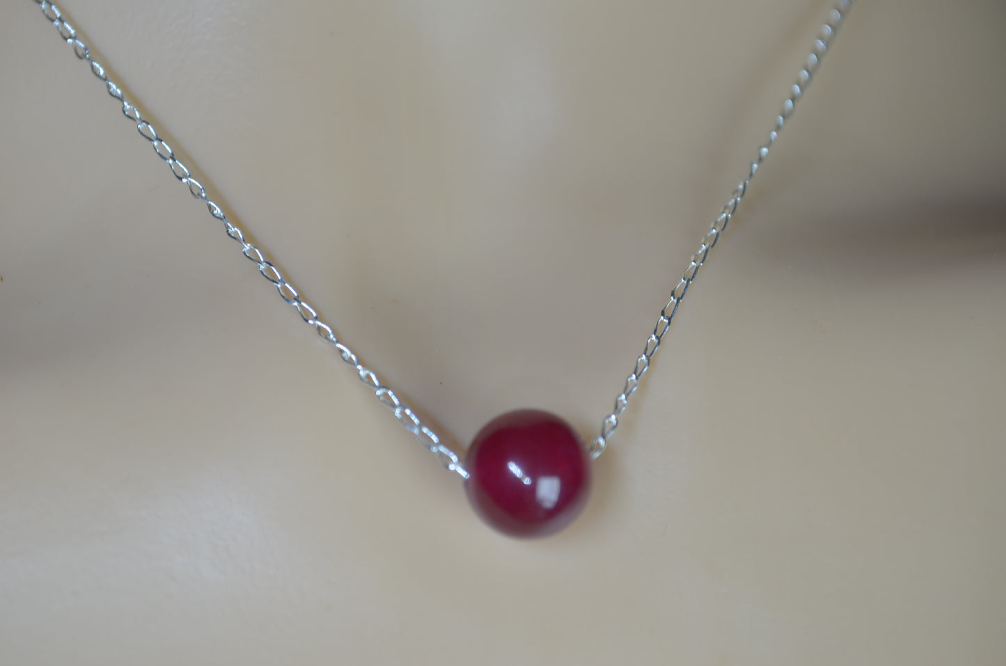 red ruby jade 10mm bead sterling silver chain, red bell shape stone