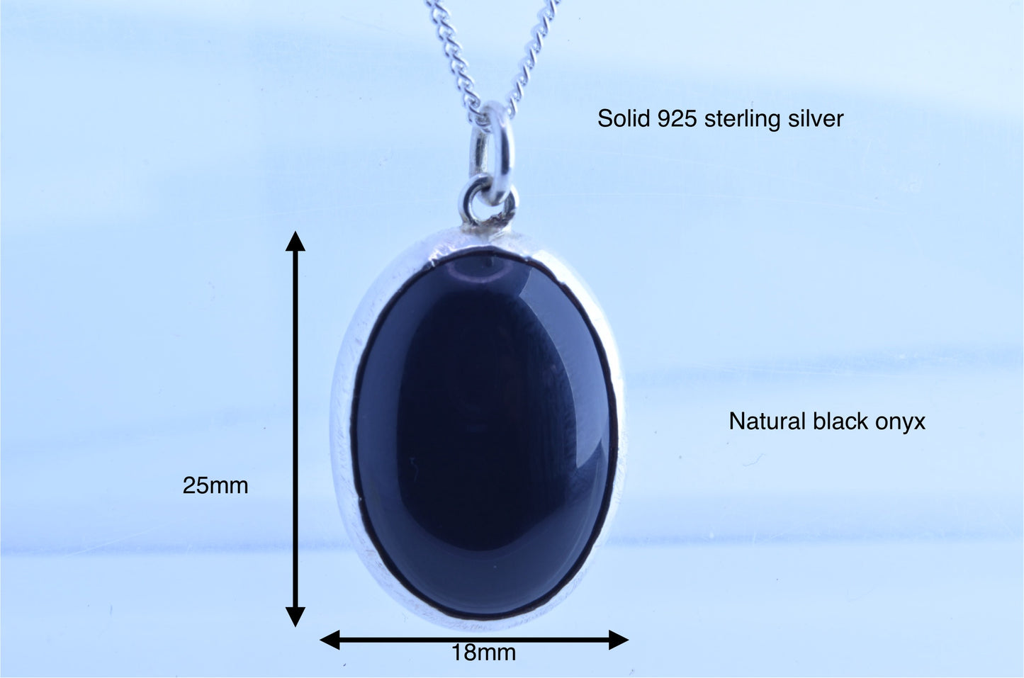Silver necklace, natural black onyx pendant, oval shape gemstone, 18” chain