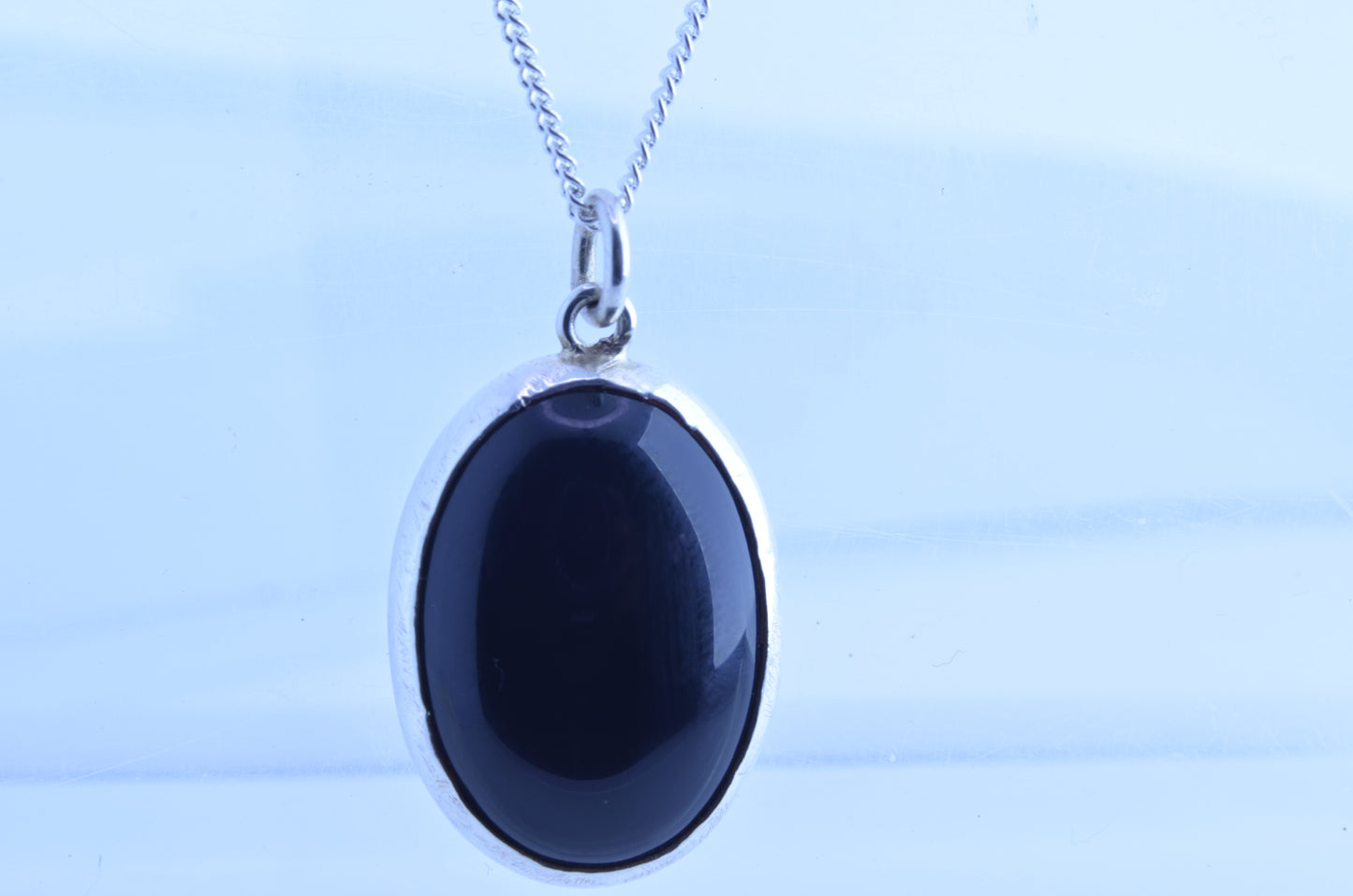 Silver necklace, natural black onyx pendant, oval shape gemstone, 18” chain