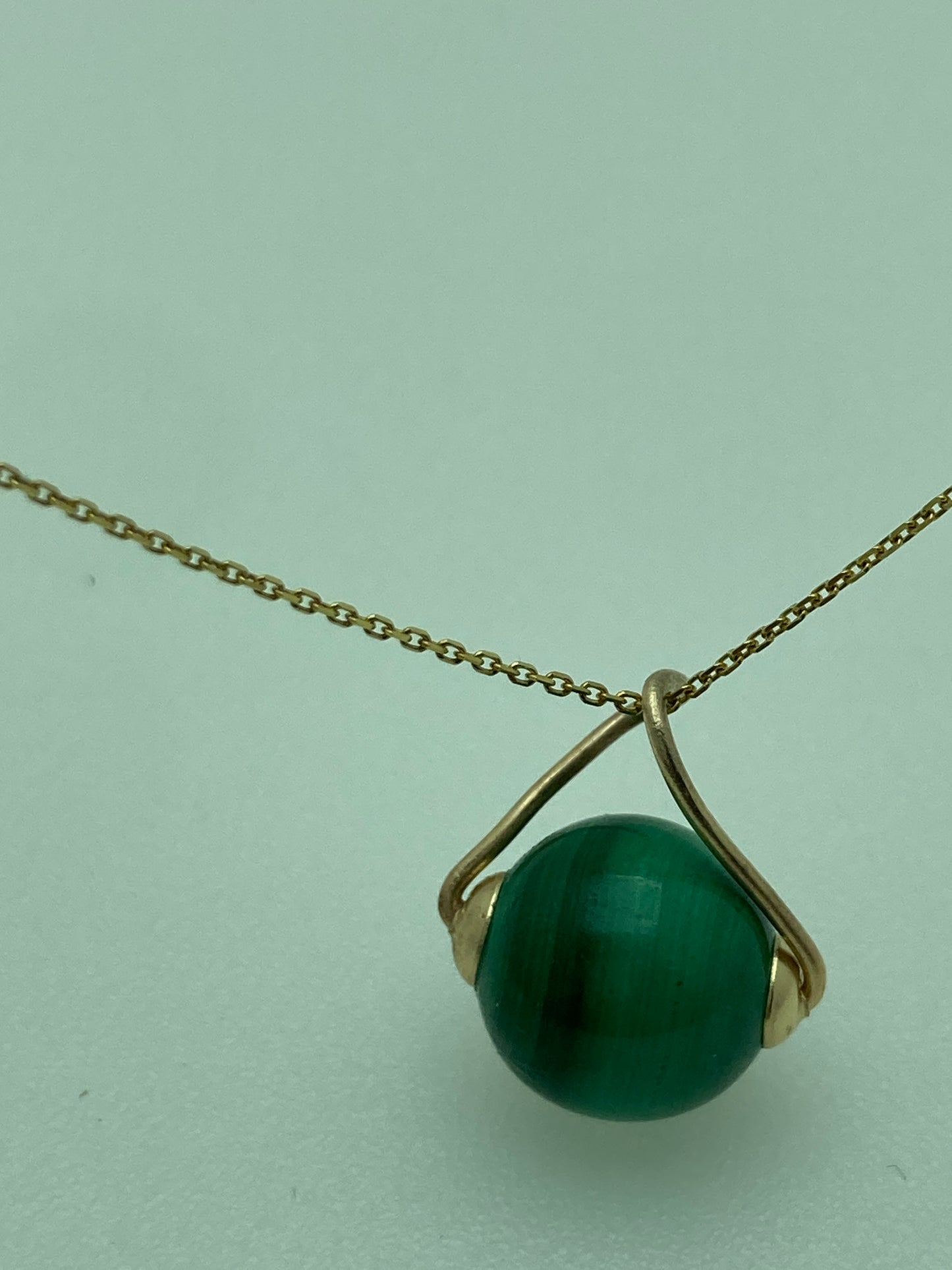 Malachite 9ct gold necklace, solid 9ct yellow gold necklace, 18” gold chain
