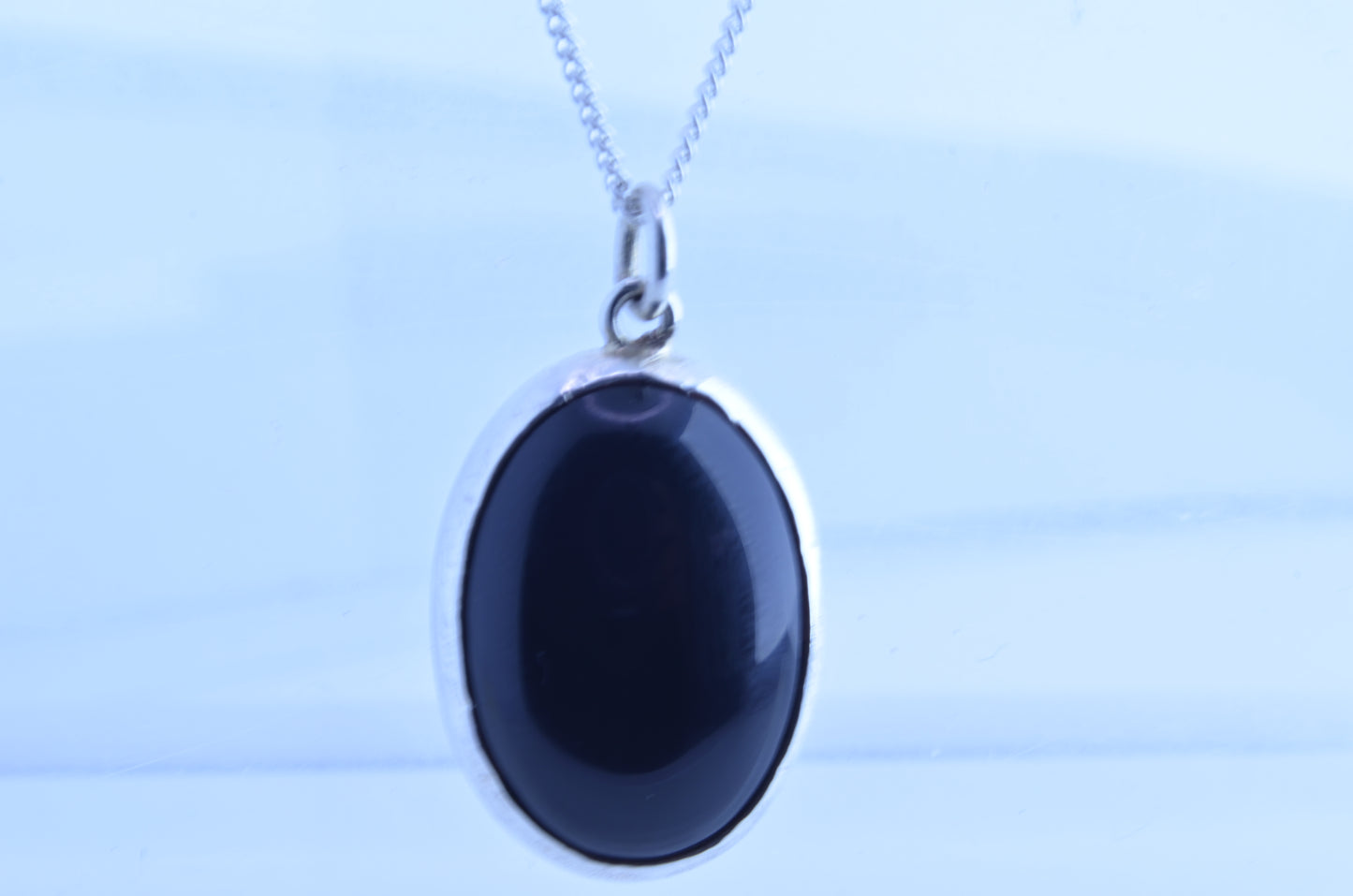 Silver necklace, natural black onyx pendant, oval shape gemstone, 18” chain