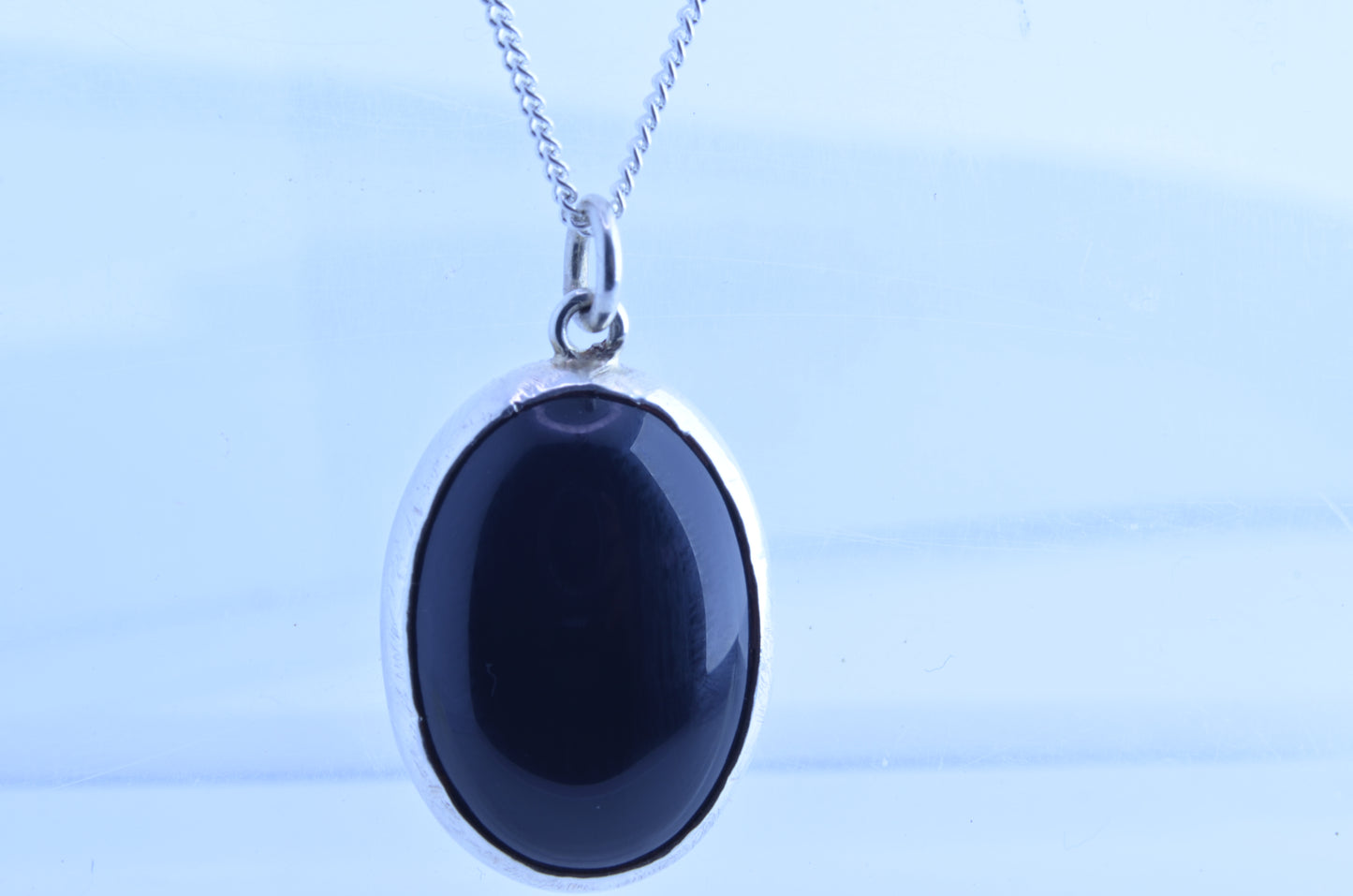 Silver necklace, natural black onyx pendant, oval shape gemstone, 18” chain