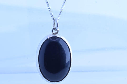Silver necklace, natural black onyx pendant, oval shape gemstone, 18” chain