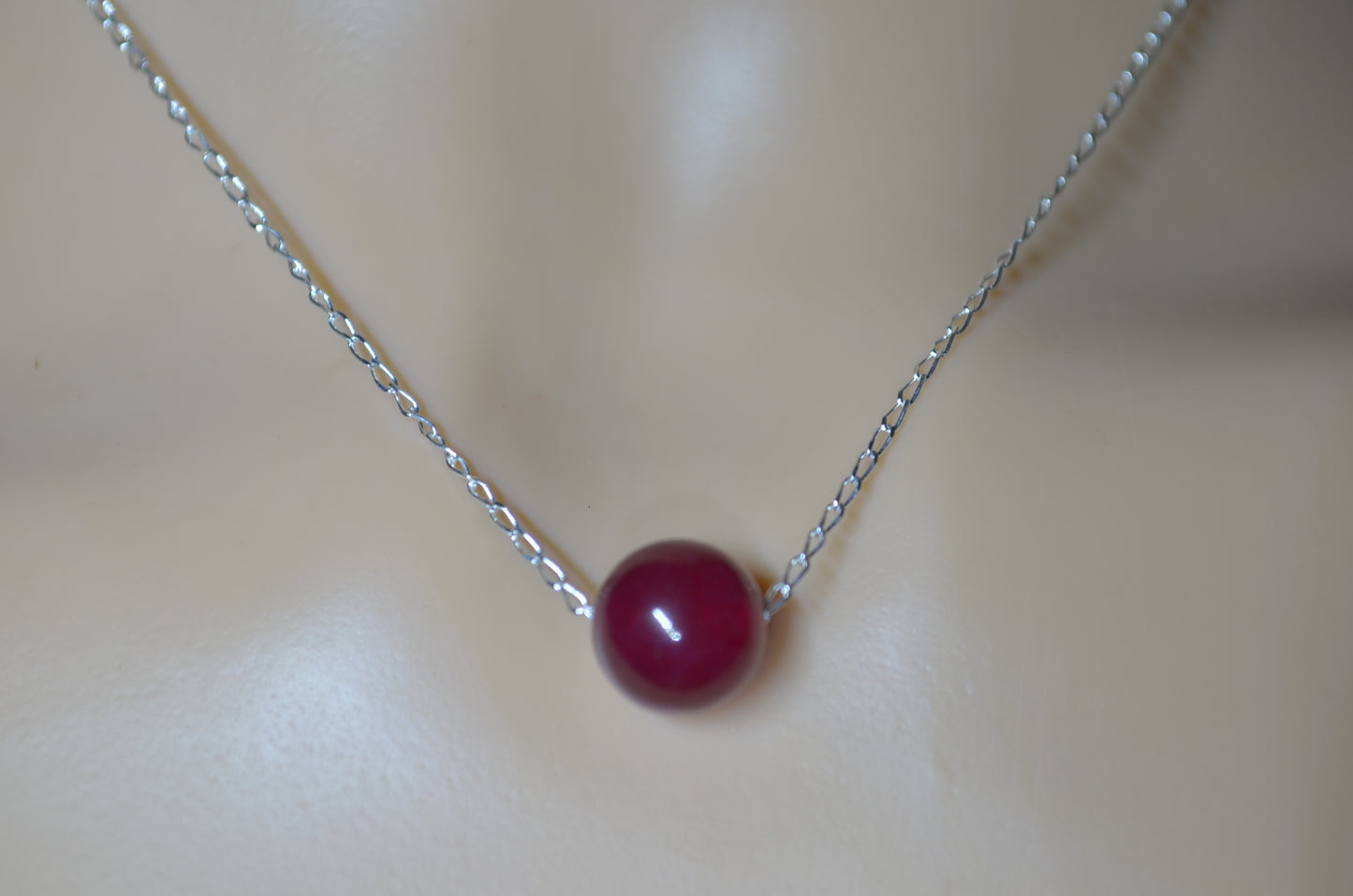 red ruby jade 10mm bead sterling silver chain, red bell shape stone