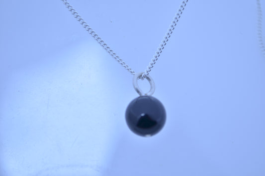 black onyx pendant, sterling silver necklace, natural round small charm, 18” chain