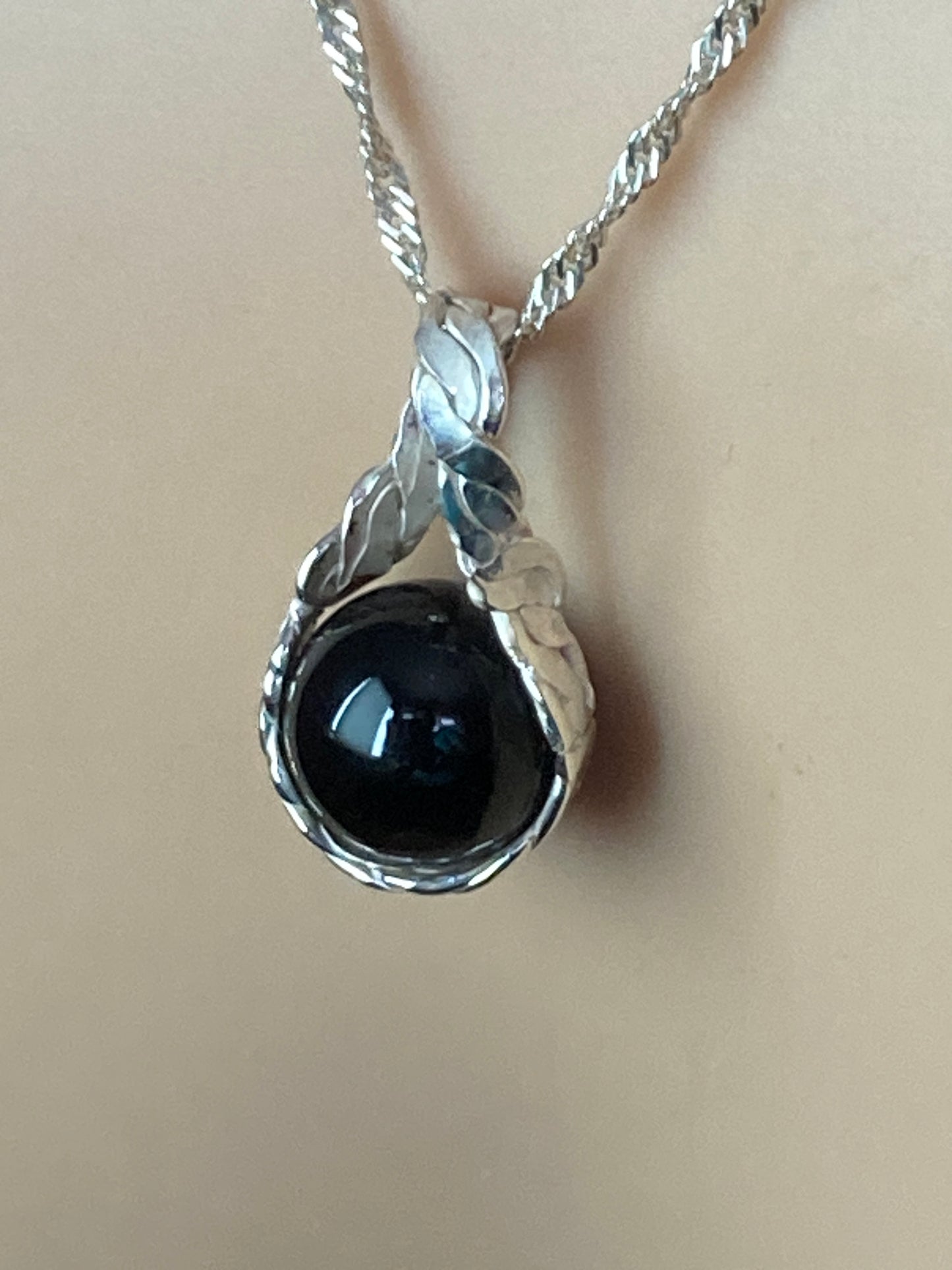 Silver black onyx necklace, 18” silver chain