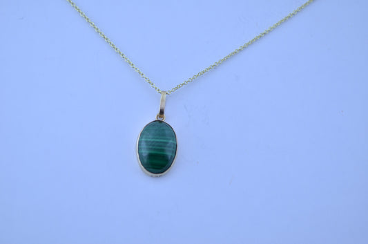 malachite pendant, solid 9ct yellow gold necklace, oval green natural gemstone, 18” chain uk hallmark