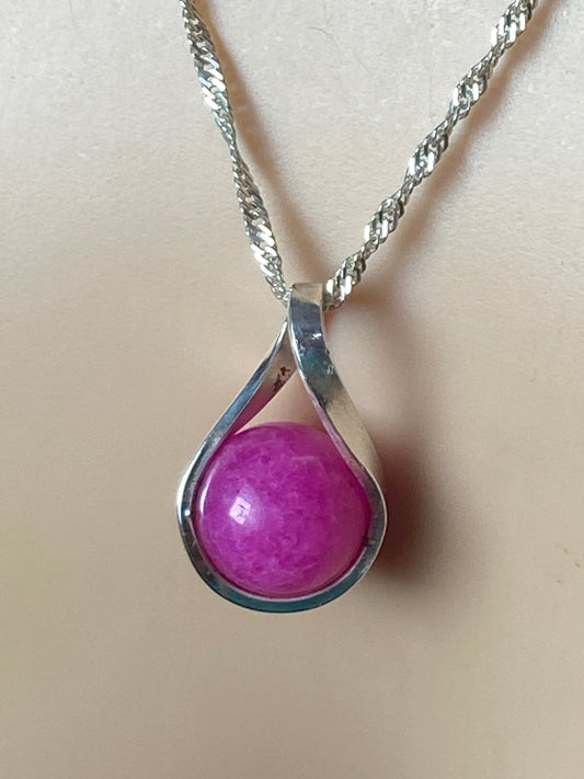 Silver pink Jade necklace, 18” silver chain