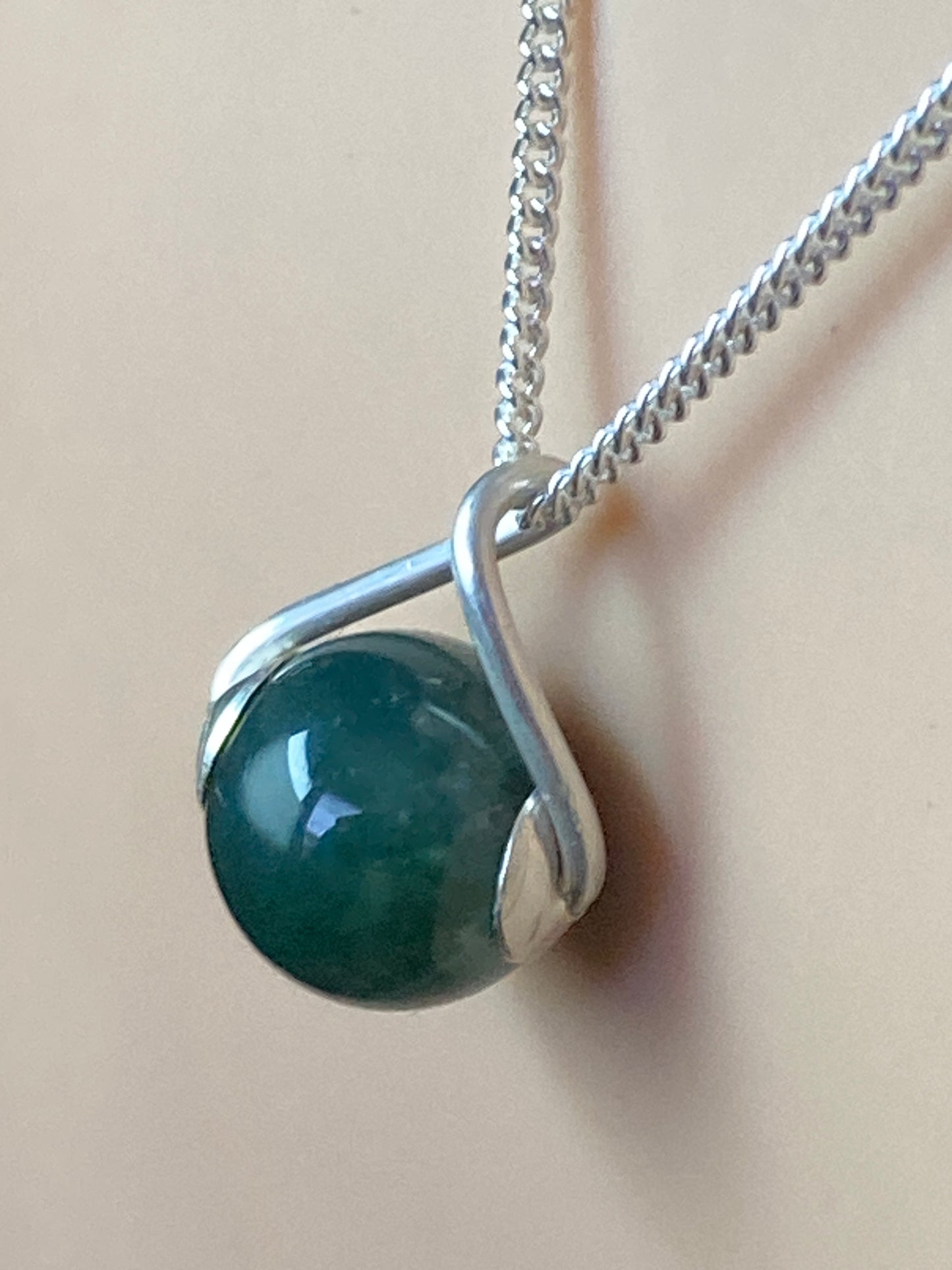 Moss agate Silver necklace, 18” silver chain