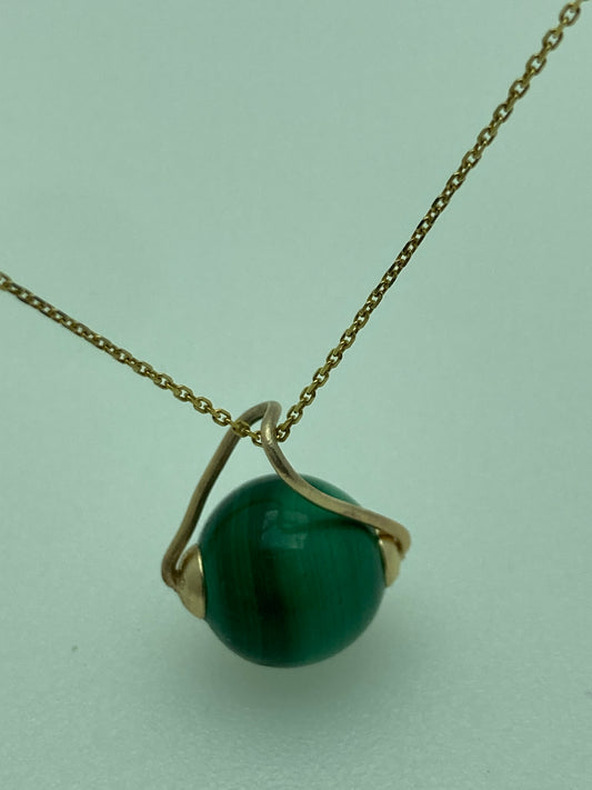 Malachite 9ct gold necklace, solid 9ct yellow gold necklace, 18” gold chain