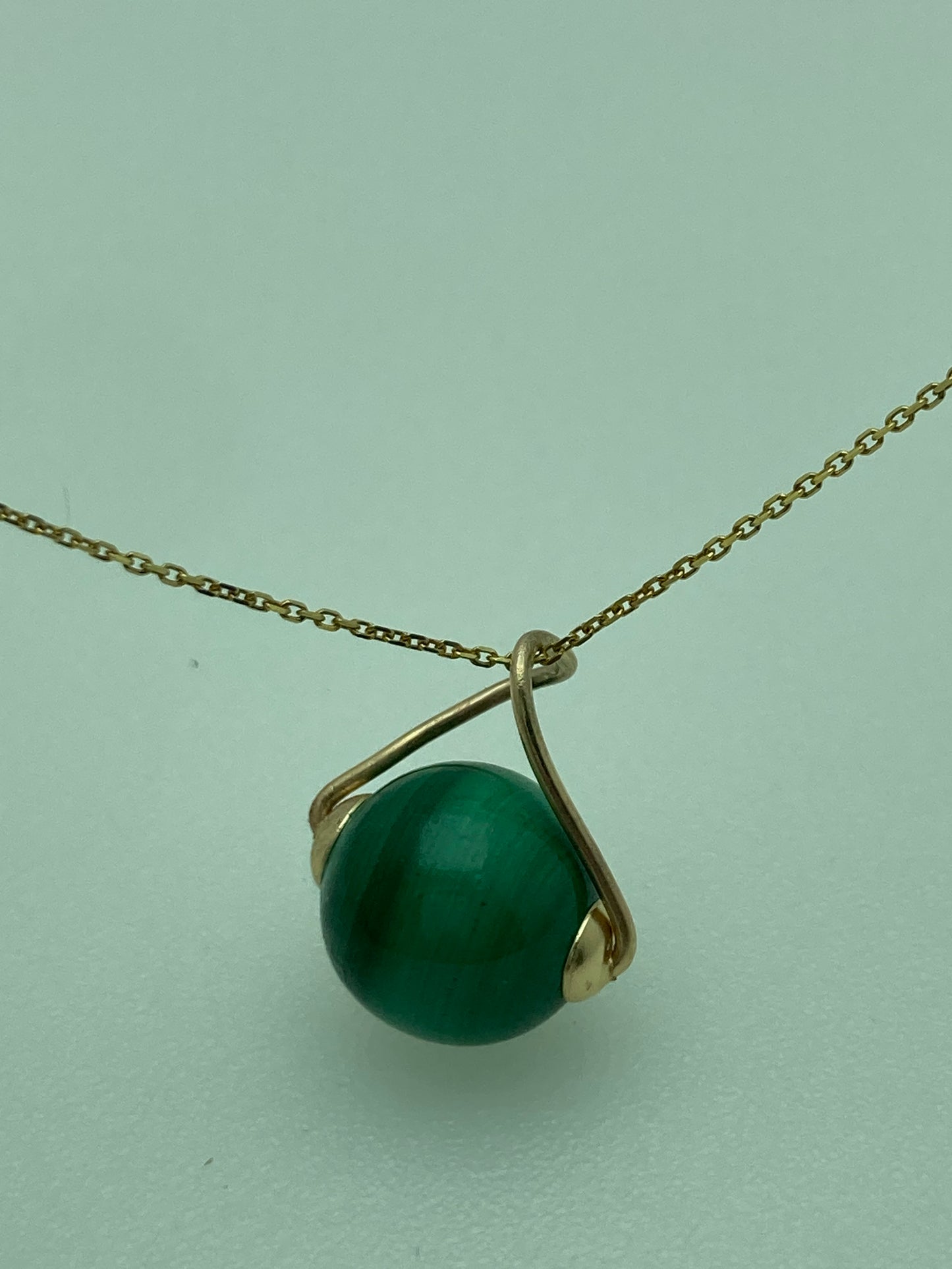 Malachite 9ct gold necklace, solid 9ct yellow gold necklace, 18” gold chain