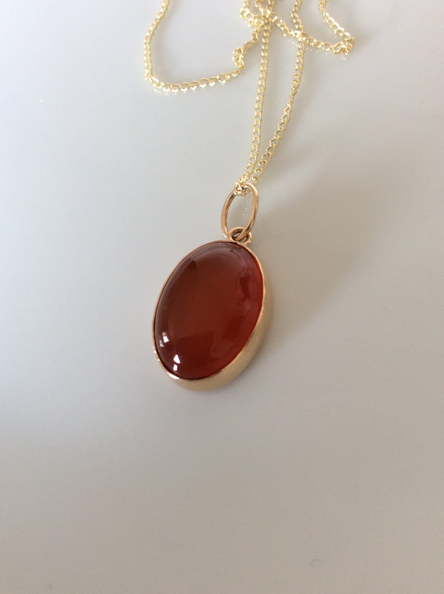 Carnelian gold necklace , red carnelian stone Pendant , 18” chain , solid 9ct yellow gold