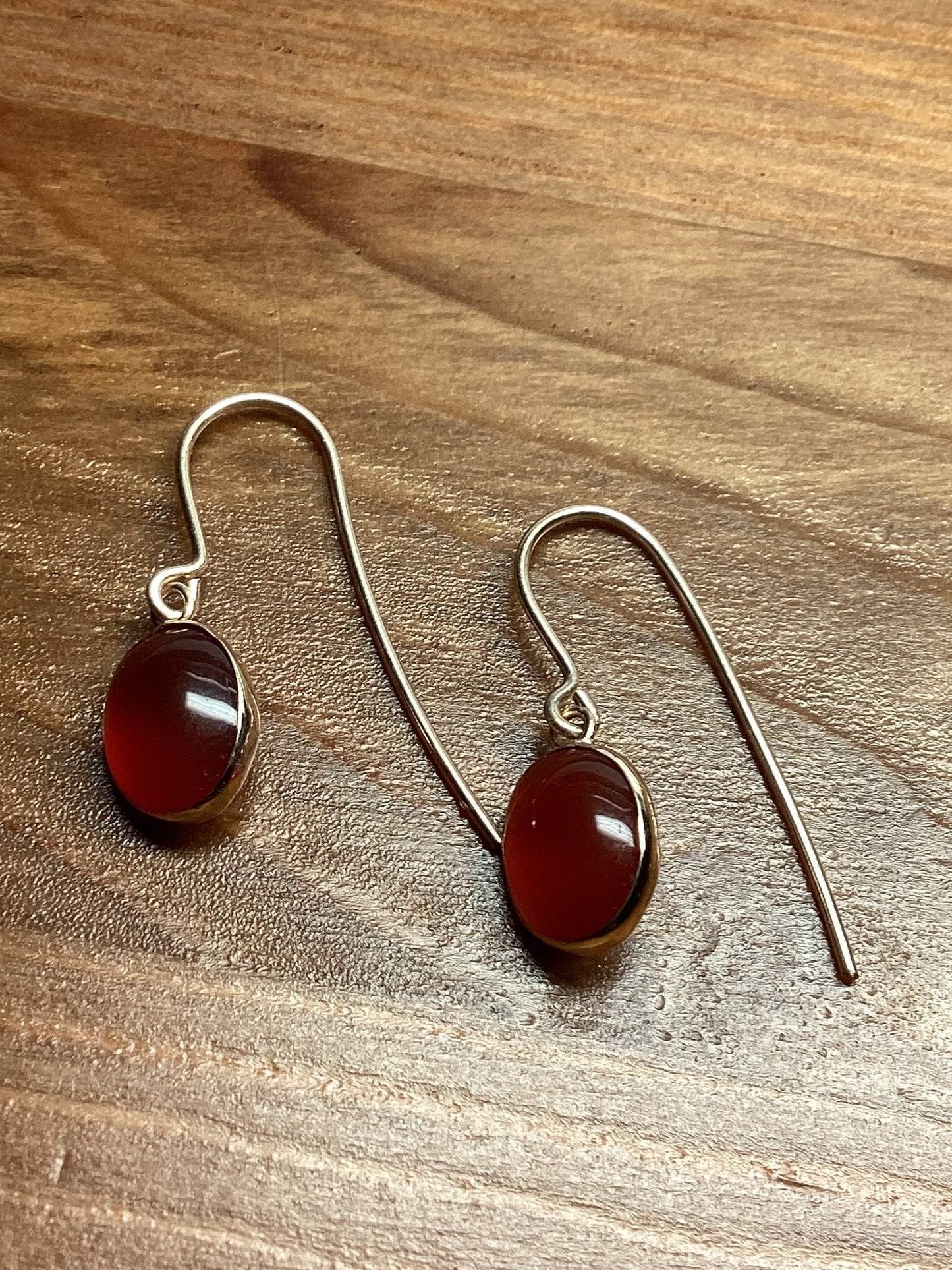 9ct gold earrings, red carnelian gemstone, solid yellow 9ct gold oval stones earrings