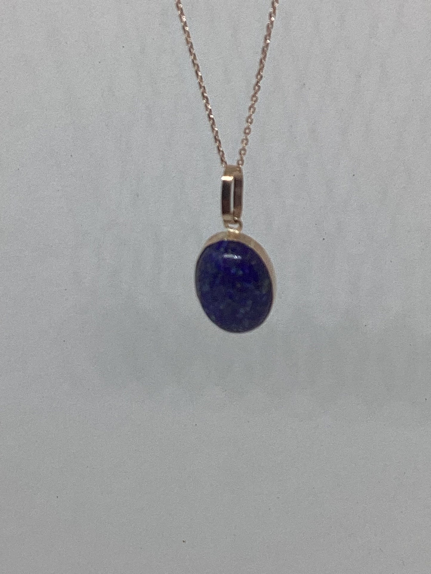 Lapis lazuli gold necklace, solid 9ct Rose gold, oval blue stone pendant