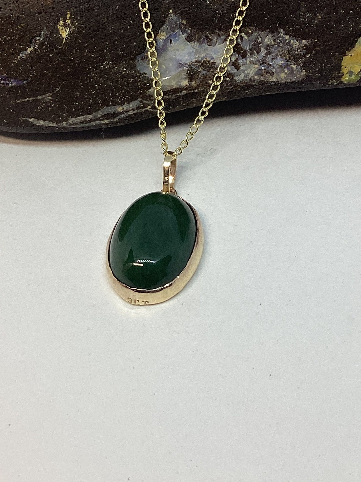 Jade gold necklace, solid 9ct yellow gold, oval green Jade stone pendant