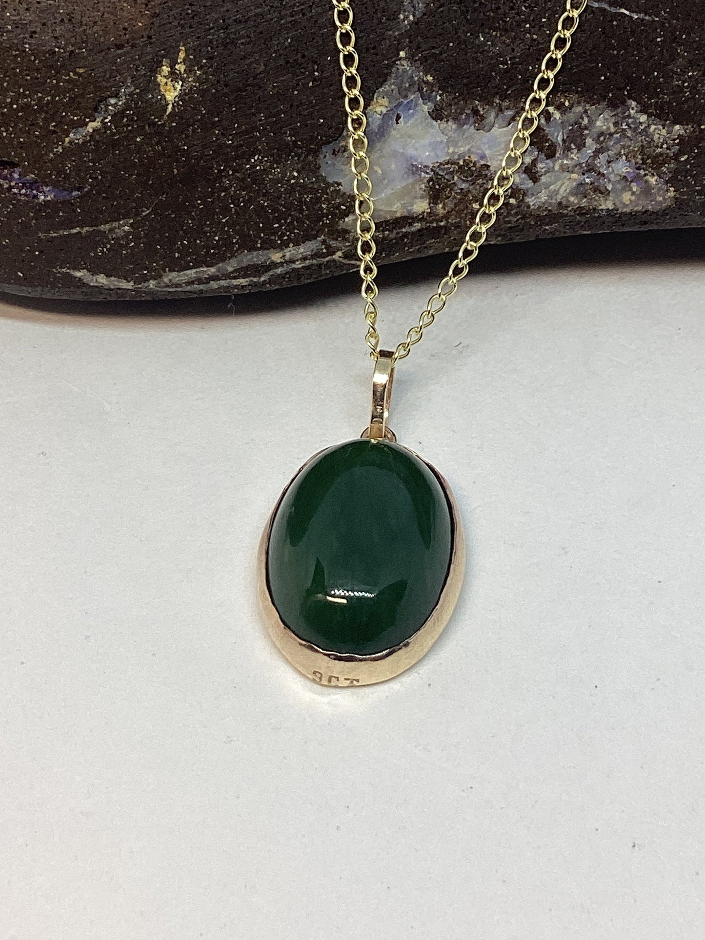 Jade gold necklace, solid 9ct yellow gold, oval green Jade stone pendant