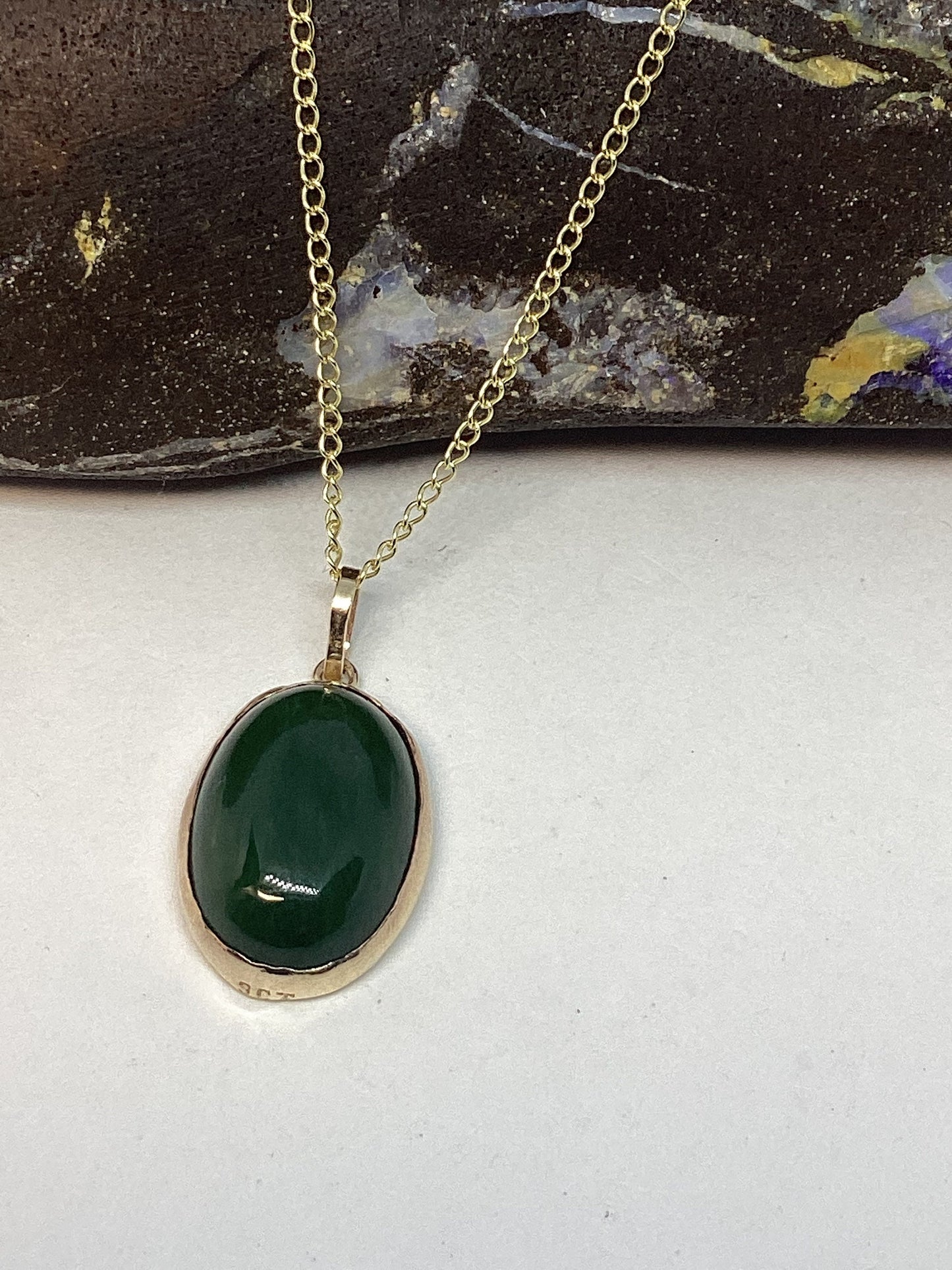 Jade gold necklace, solid 9ct yellow gold, oval green Jade stone pendant