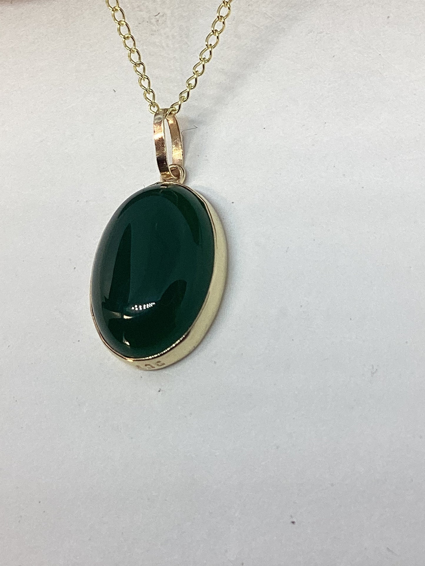 Green onyx gold pendant, solid 9ct yellow gold necklace , oval natural gemstone