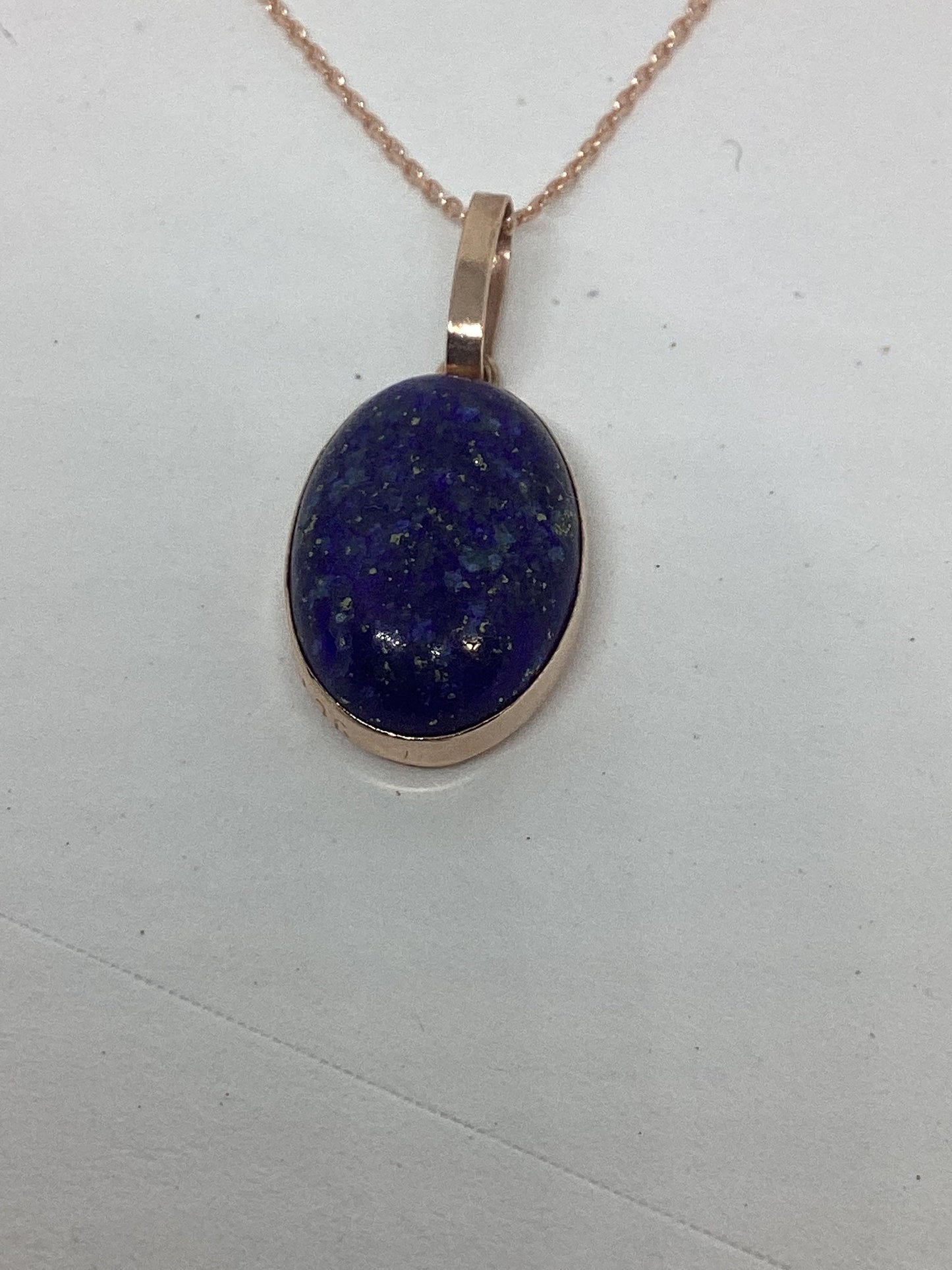 Lapis lazuli gold necklace, solid 9ct Rose gold, oval blue stone pendant