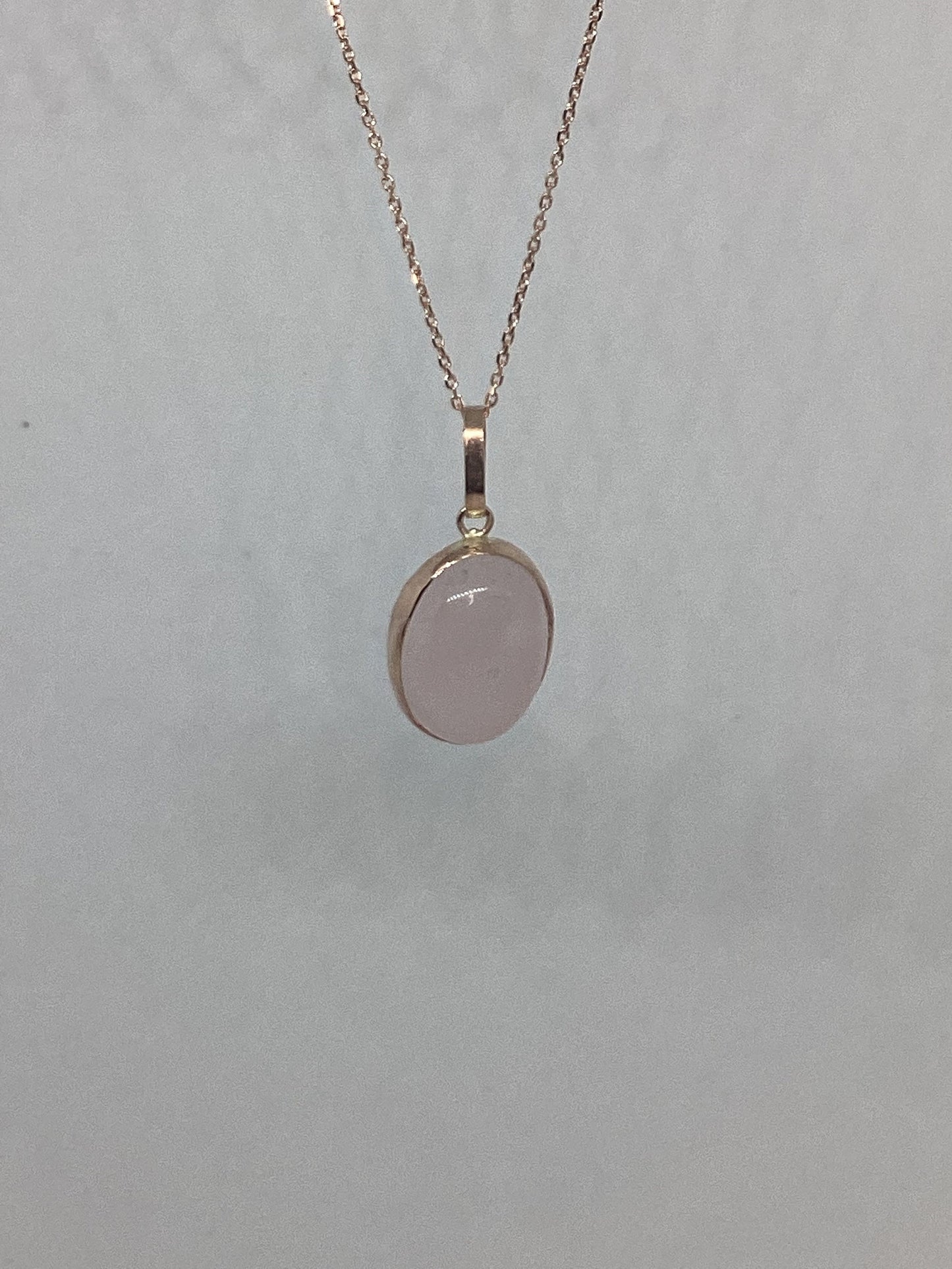 Rose quartz gold necklace, solid 9ct Rose gold, oval oval stone pendant