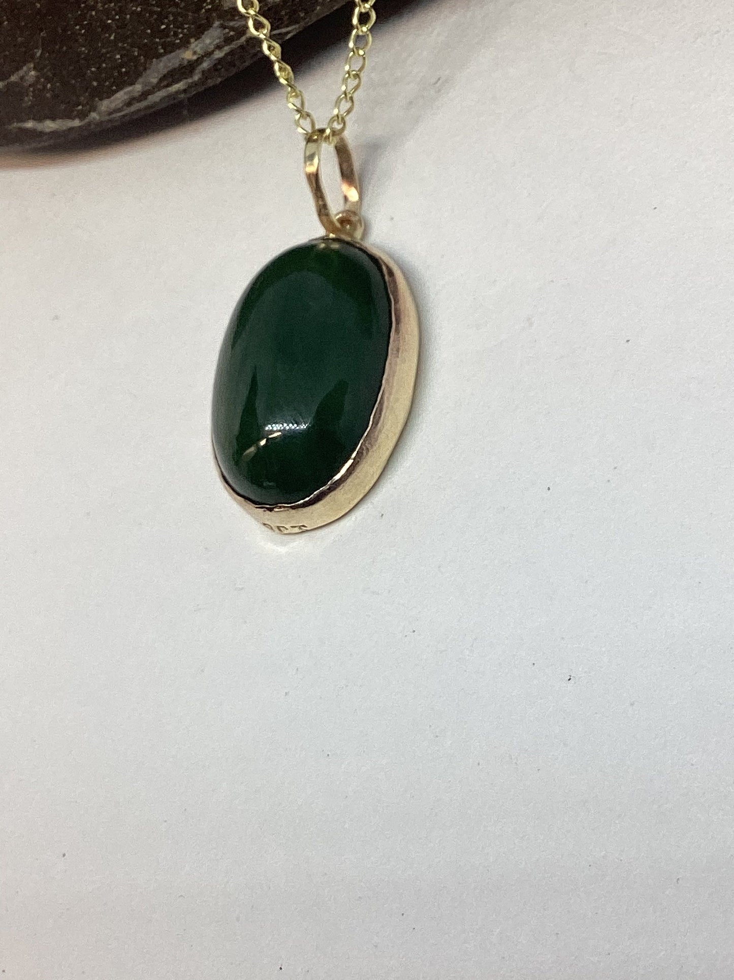 Jade gold necklace, solid 9ct yellow gold, oval green Jade stone pendant