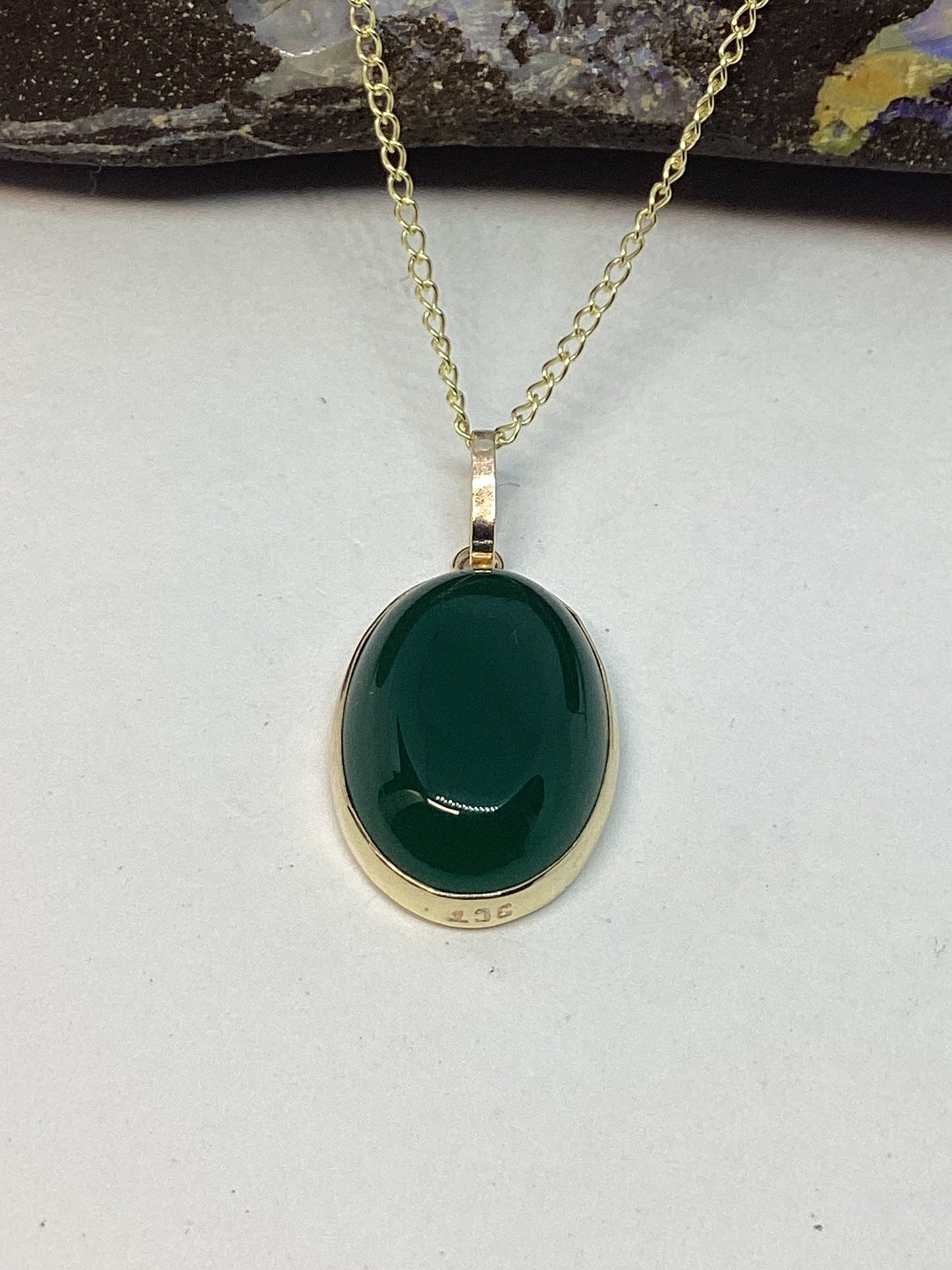 Green onyx gold pendant, solid 9ct yellow gold necklace , oval natural gemstone