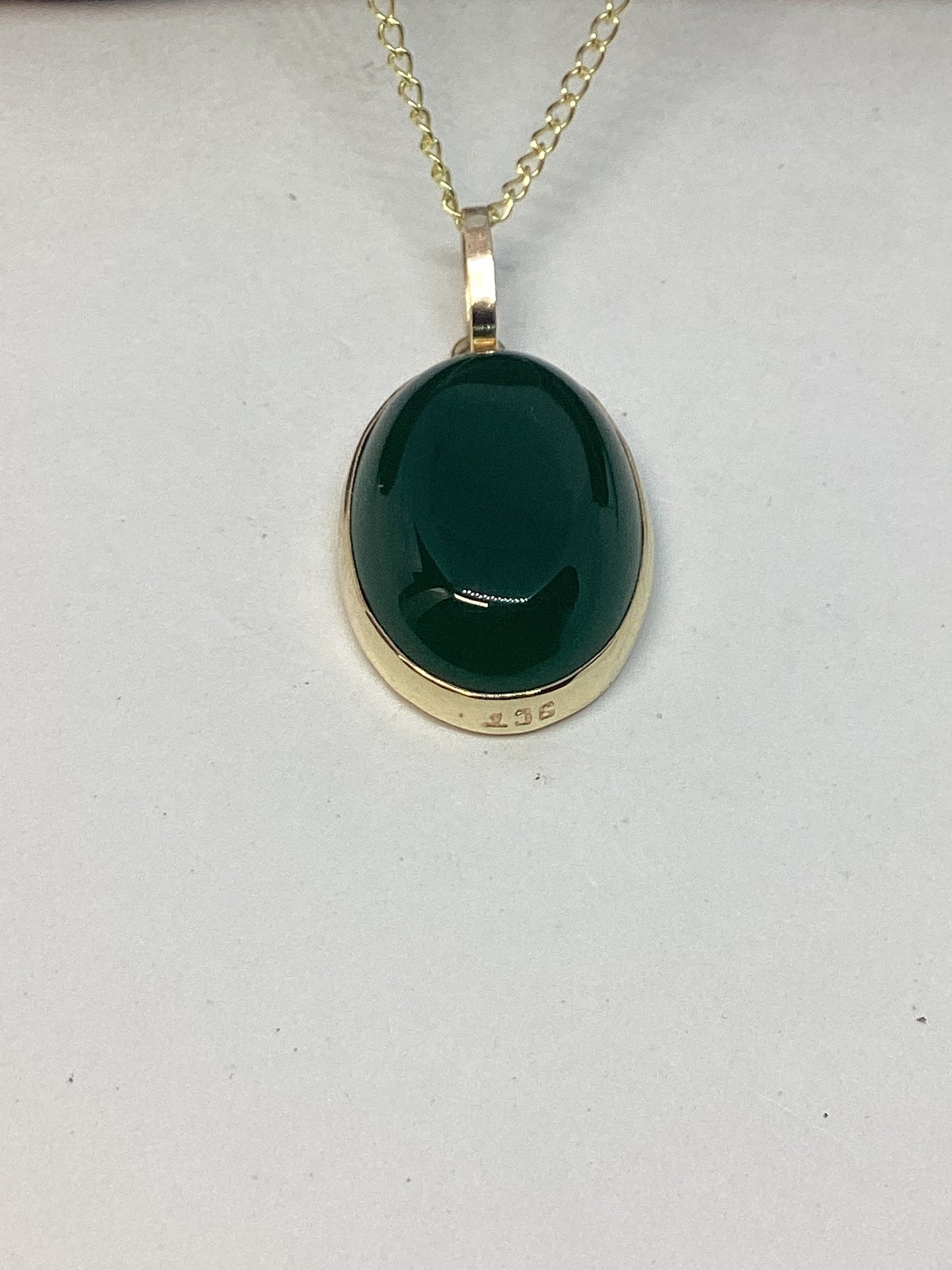 Green onyx gold pendant, solid 9ct yellow gold necklace , oval natural gemstone