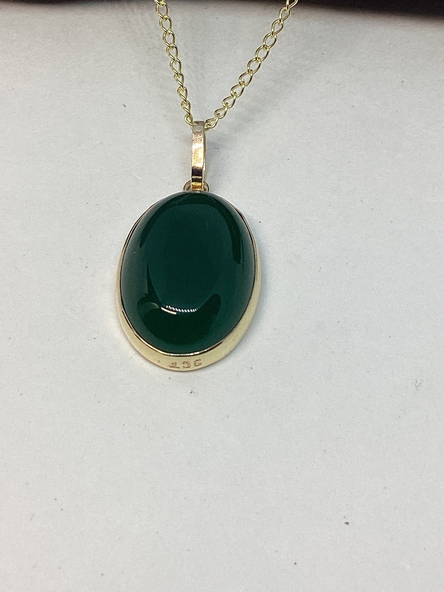 Green onyx gold pendant, solid 9ct yellow gold necklace , oval natural gemstone